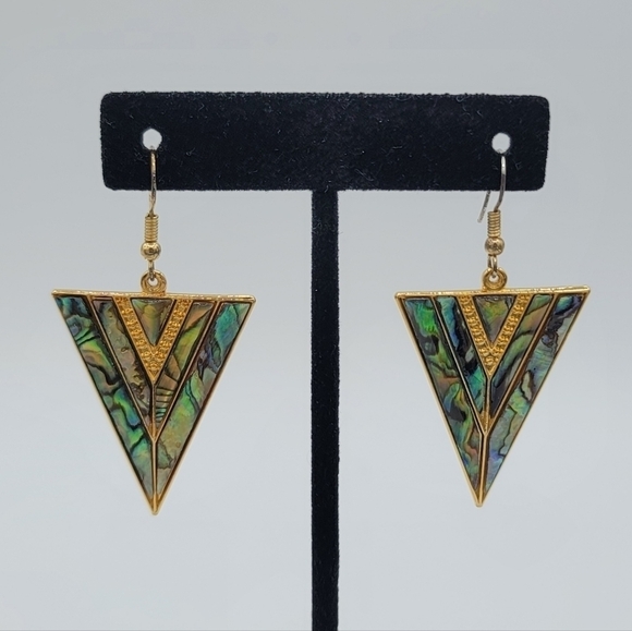 Vintage Goldtone Geometric V Shape Abalone Earrings #1216 - Picture 3 of 11